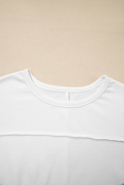 White Textured Raw Seam Plus Size Pullover Top and Drawstring Pants Set