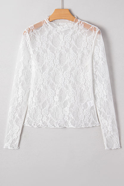 White Sheer Lace Mesh Mock Neck Slim Fit Long Sleeve Top