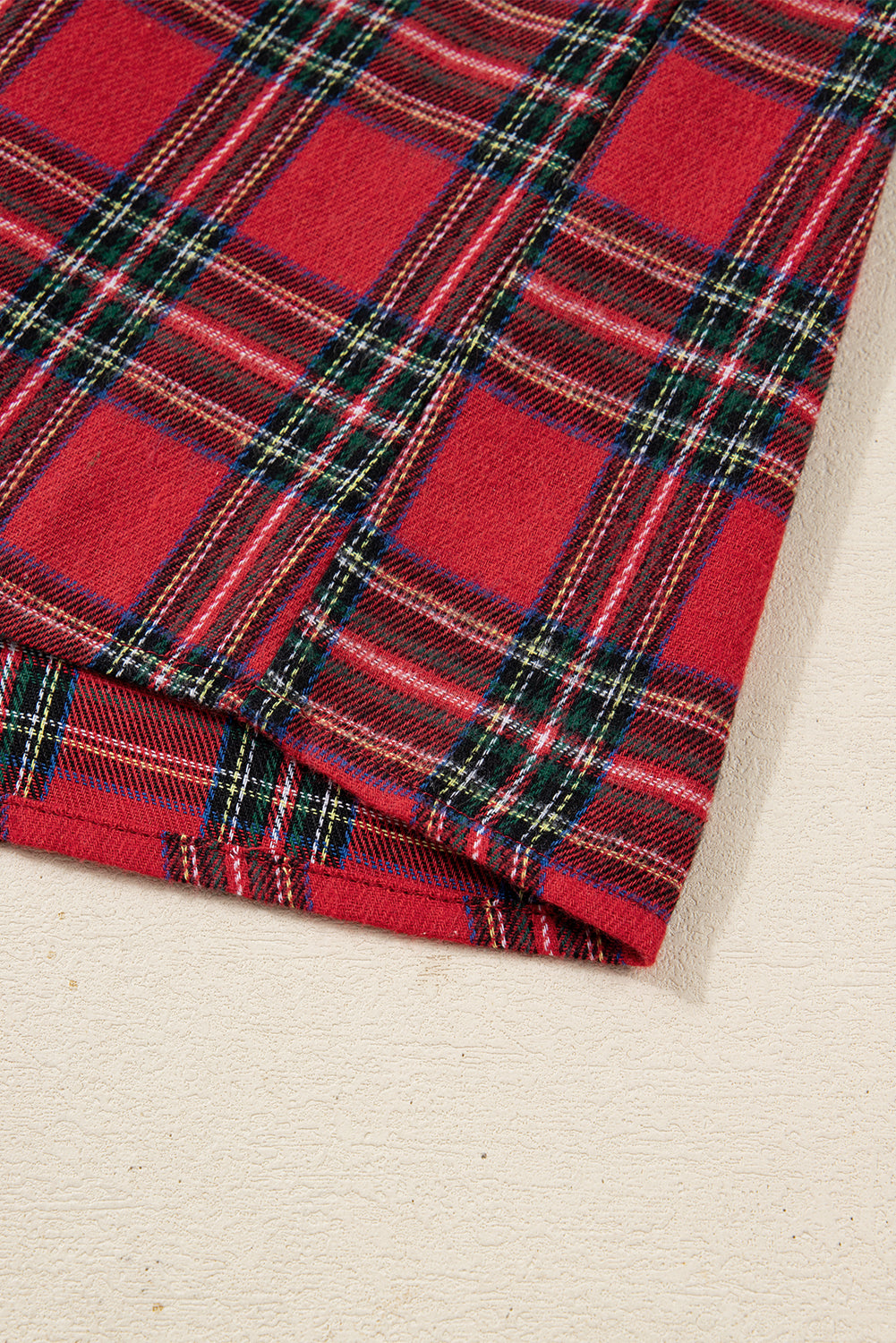 Red Plus Size Plaid Contrast Patchwork Long Sleeve Shirt and Shorts 2pcs Pajama Set