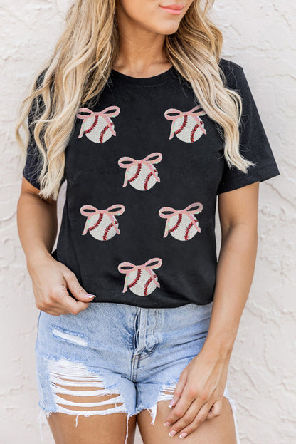 Black Shimmering Sequin Bow Ball Patterned Game Day Casual Tee