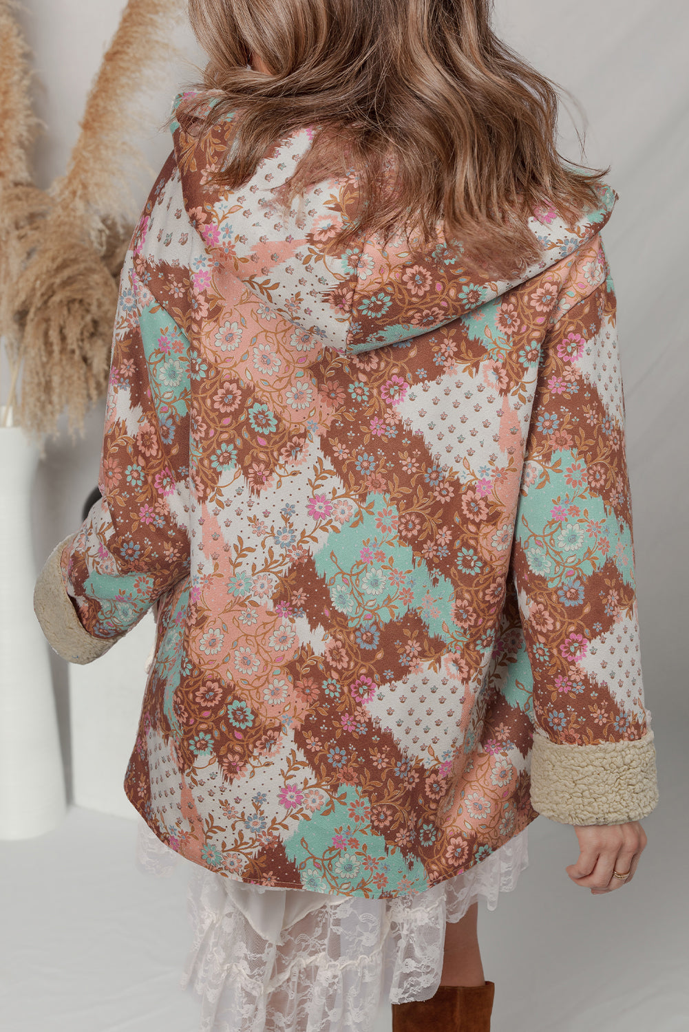 Khaki Vintage Floral Printed Sherpa Lined Hooded Jacket