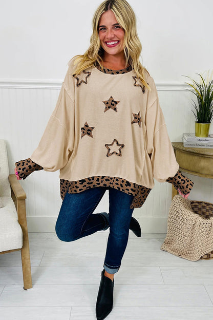 Beige Contrast Leopard Star Patchwork Detail Raw Seam Baggy Sweatshirt