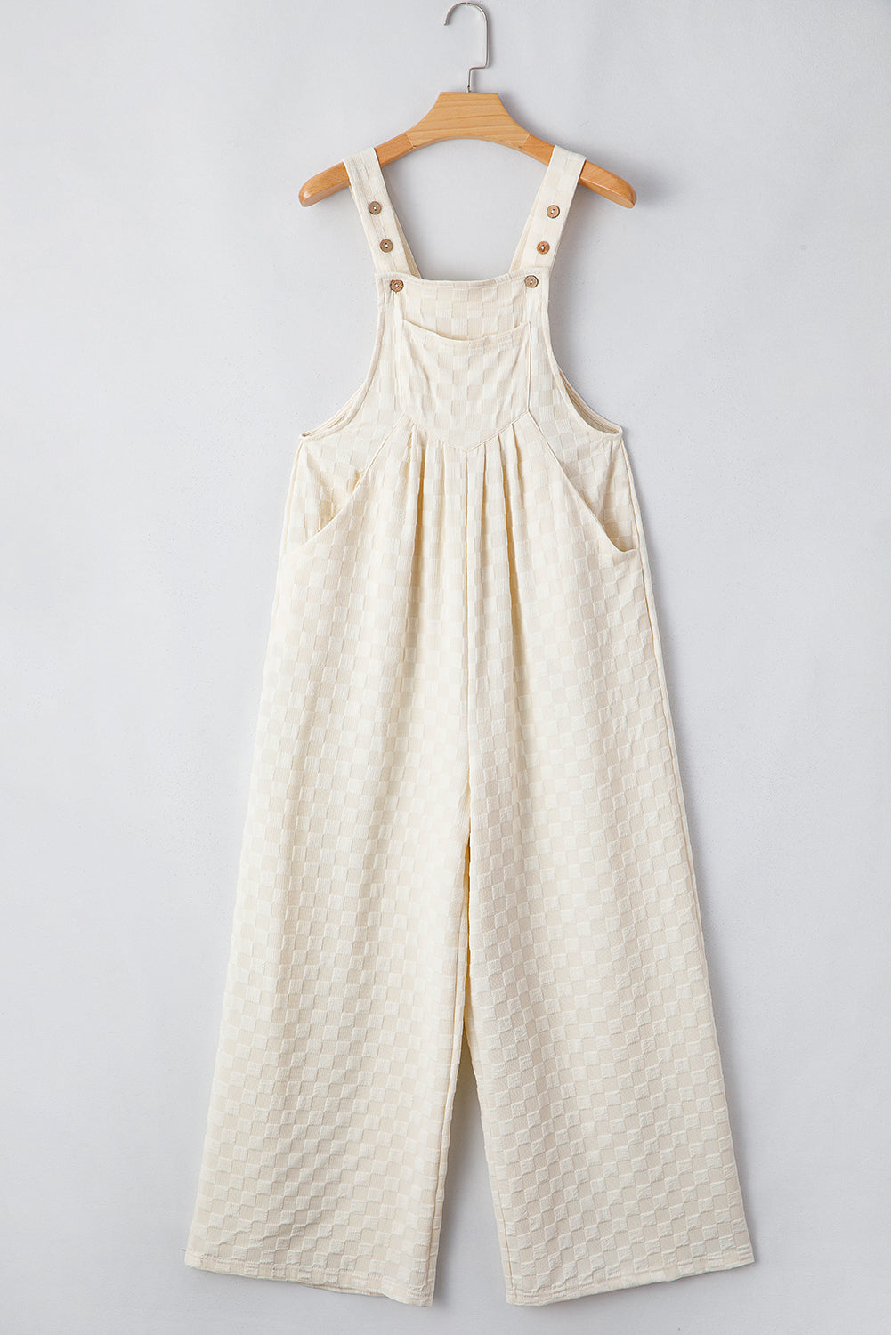 Beige Checkered Pocketed High Waist Wide Leg Overall