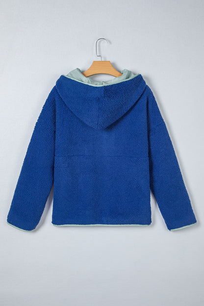 Sky Blue Sherpa Half Zip Contrast Trim Pullover Hoodie