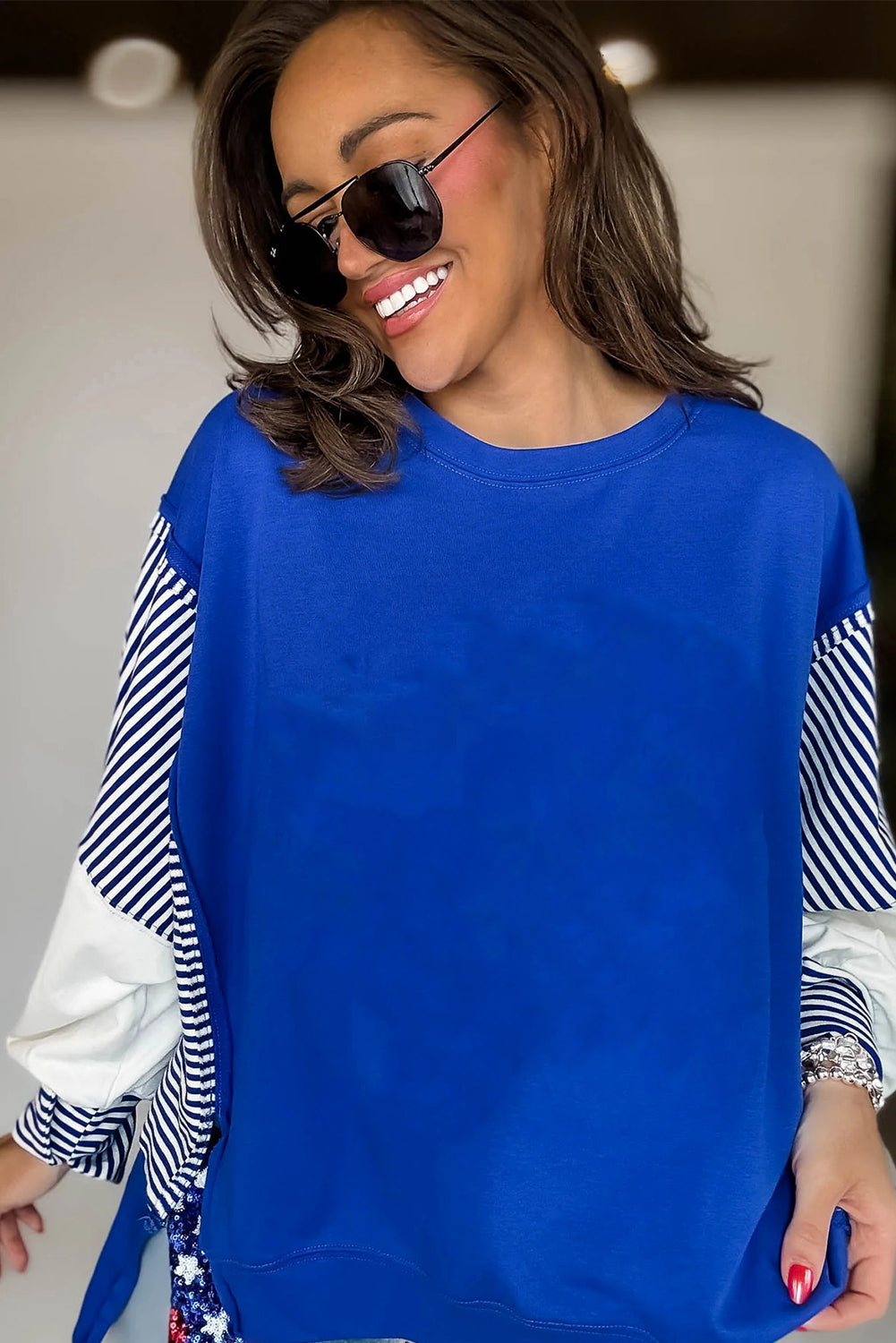 Dark Blue Striped Patchwork Sleeve Colorblock Sweatshirt
