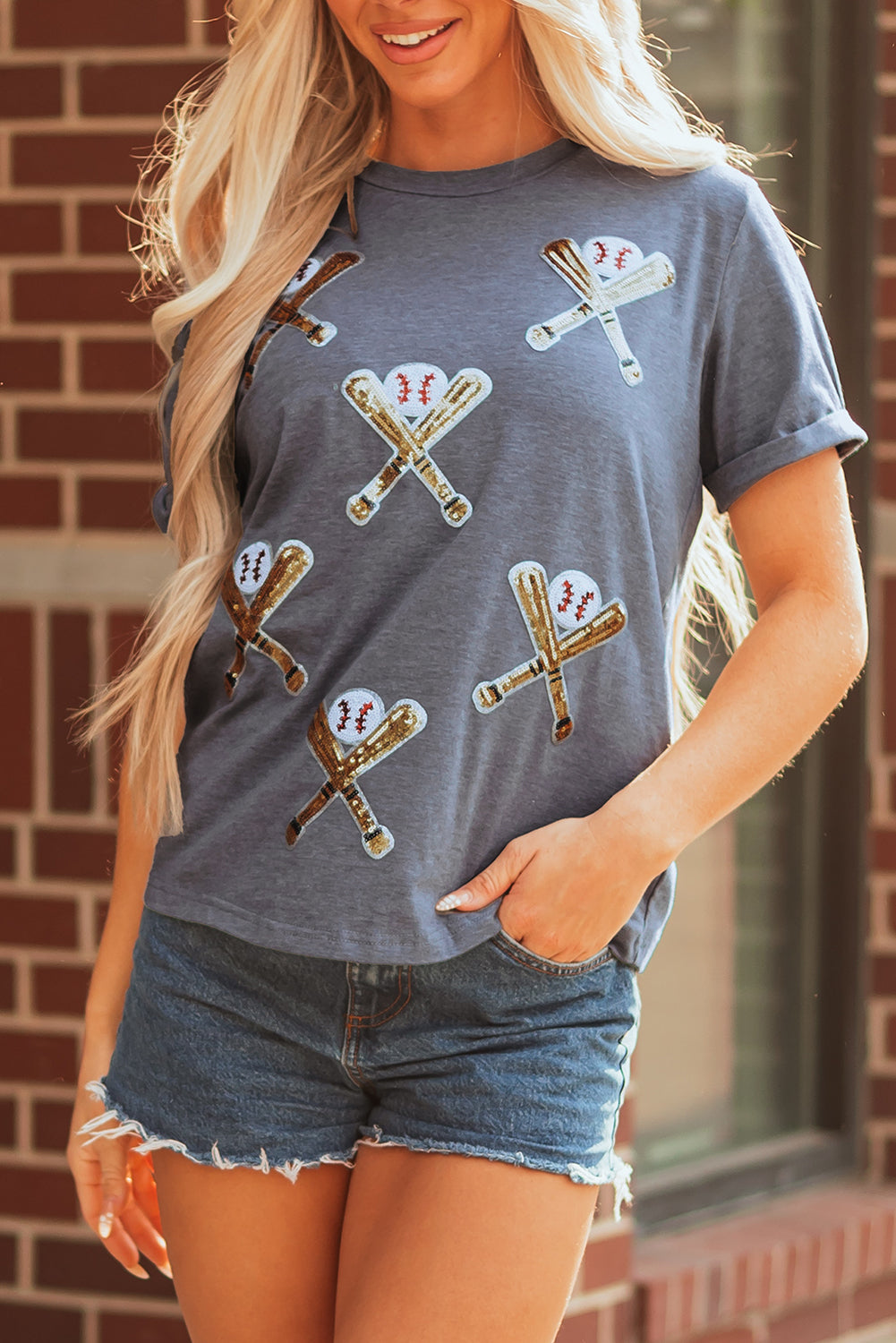 Gray Sequined Baseball Game Day Tee