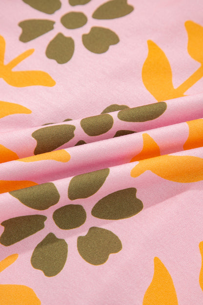 Pink Floral Print Zip Neck Striped Patchwork Long Sleeve Drawstring Dress