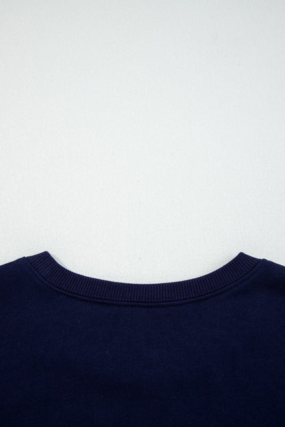 Navy Blue CLASSY UNTIL KICKOFF Plush Letter Patched Loose Sweatshirt