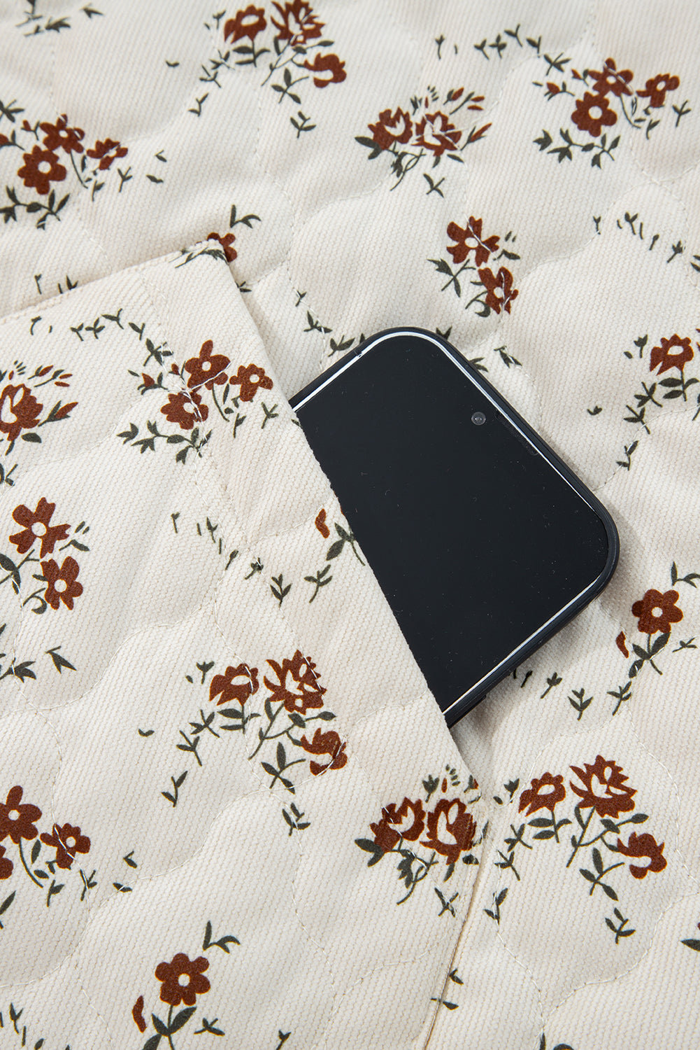 Apricot Floral Print Zip Up Quilted Vest