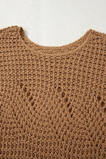 Camel Hollowed Detail Wide Sleeve Loose Pullover Sweater