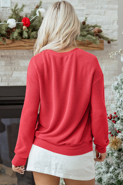Racing Red Twisted Rib Outlined Merry Letter Graphic Loose Long Sleeve Top