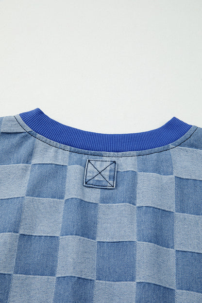 Sky Blue Checkerboard Splicing Raw Detail Oversized Denim Pullover