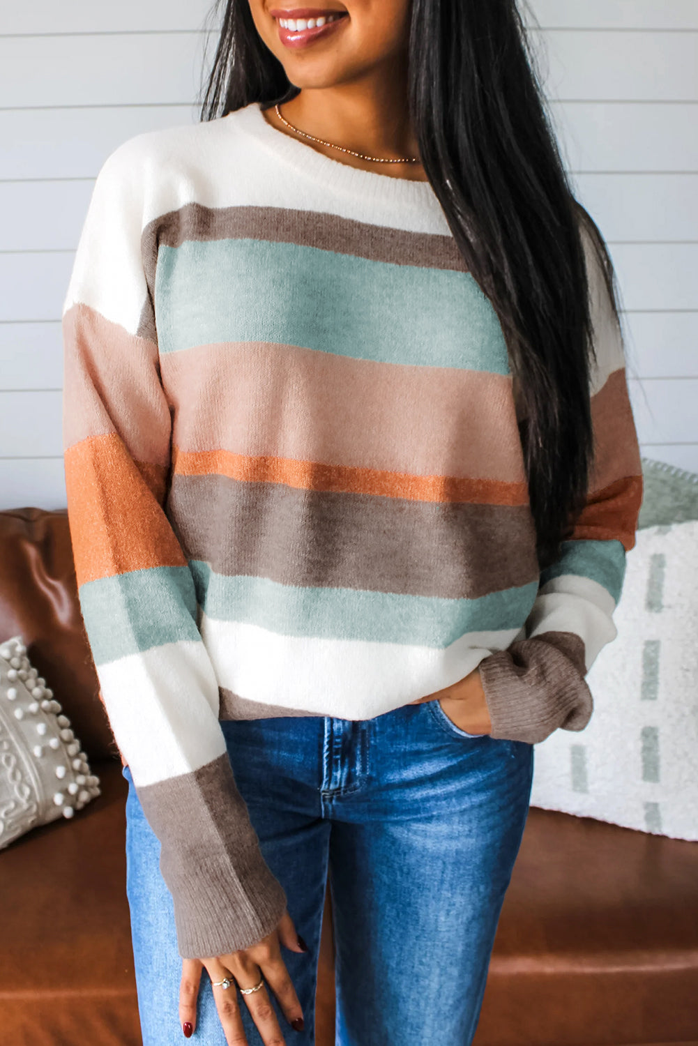White Striped Color Block Knit Drop Shoulder Sweater