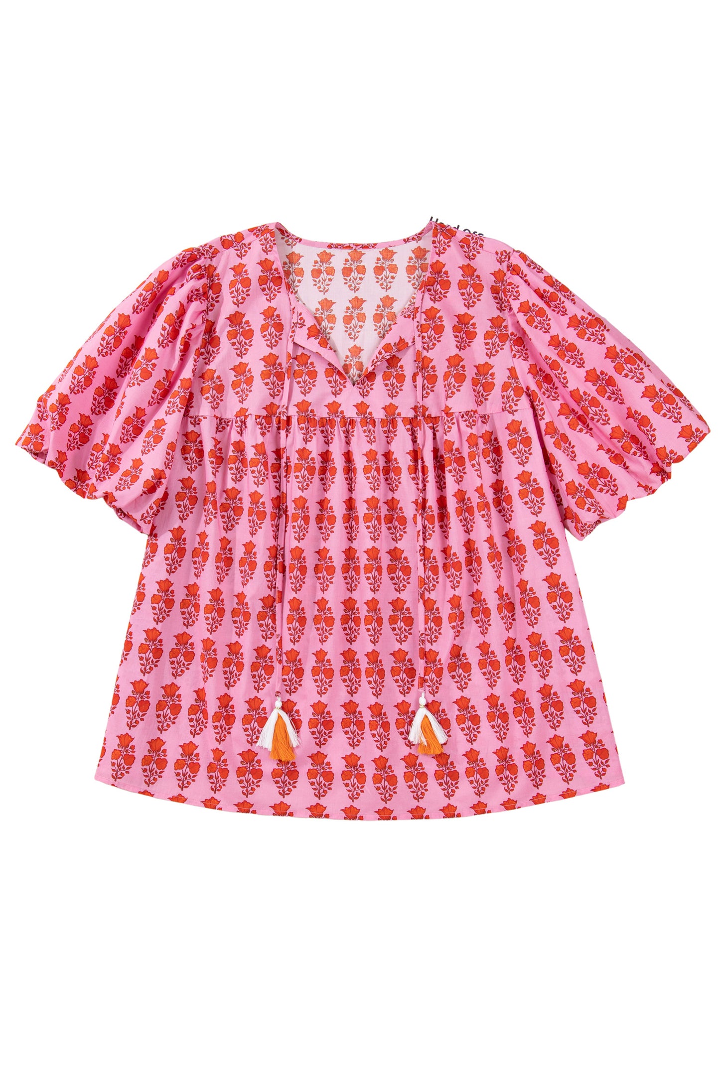 Pink Plus Size Floral Print Tassel Tie Puff Sleeve Cotton Blouse