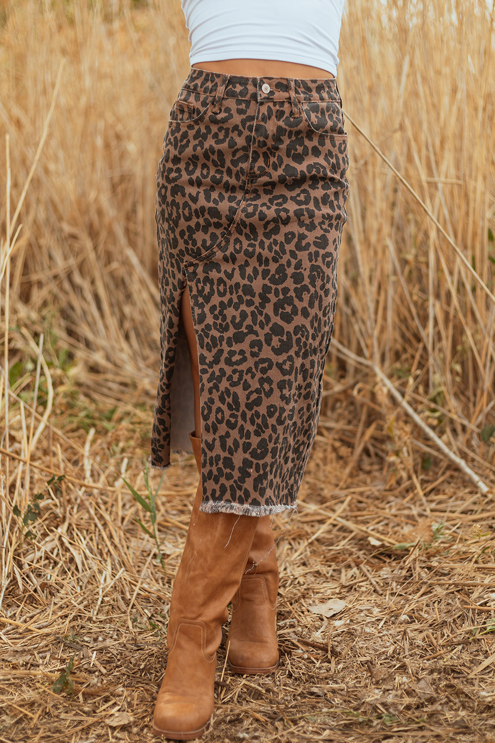Brown Leopard Denim Frayed Split Denim Midi Skirt