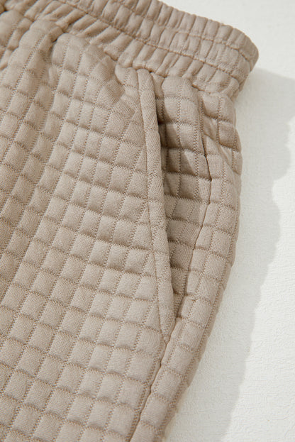 Khaki Color Block Patchwork Textured Long Sleeve Top 2pcs Short Set