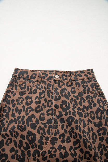 Brown Leopard Denim Frayed Split Denim Midi Skirt