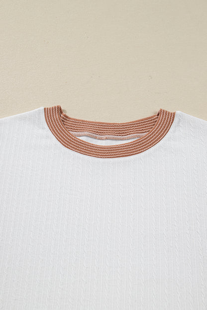 White Cable Texture Ribbed Color Block Plus Size Knit Top