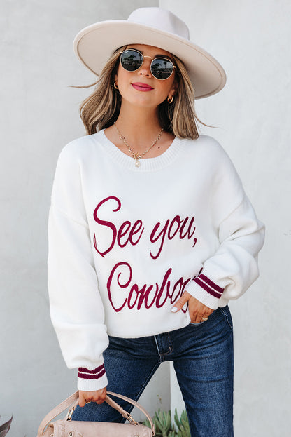 White See You Cowboy Embroidered Western Graphic Sweater