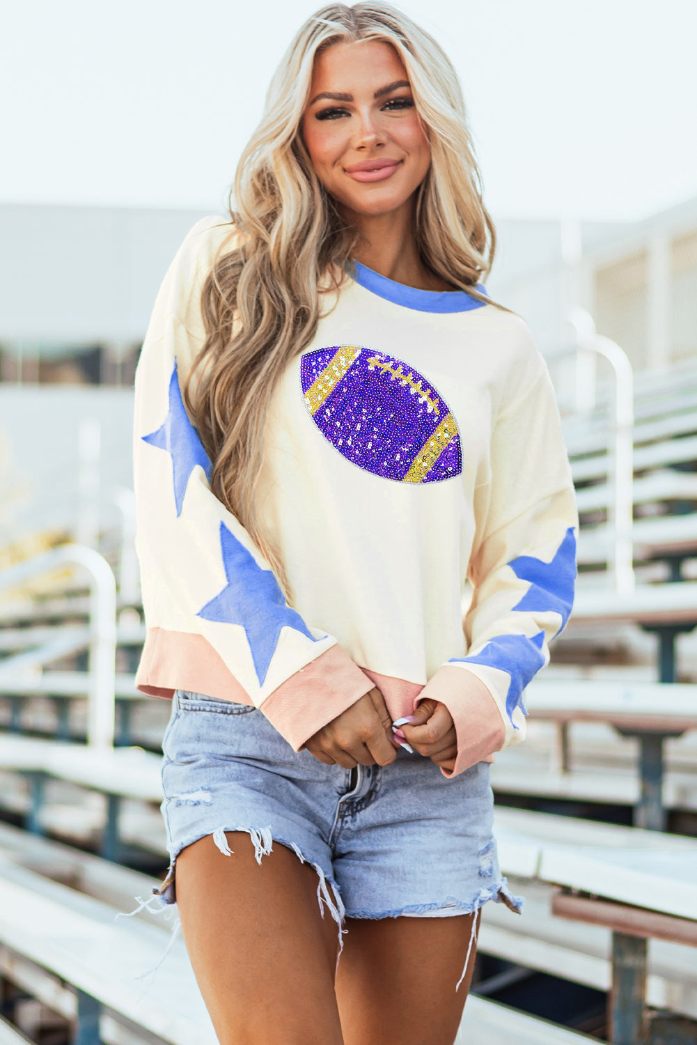 Sequin Football Graphic Starry Patch Game Day Sweatshirt