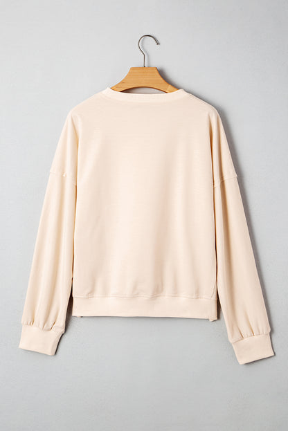 Beige Raw Edge Flower Patch Drop Shoulder Casual Top