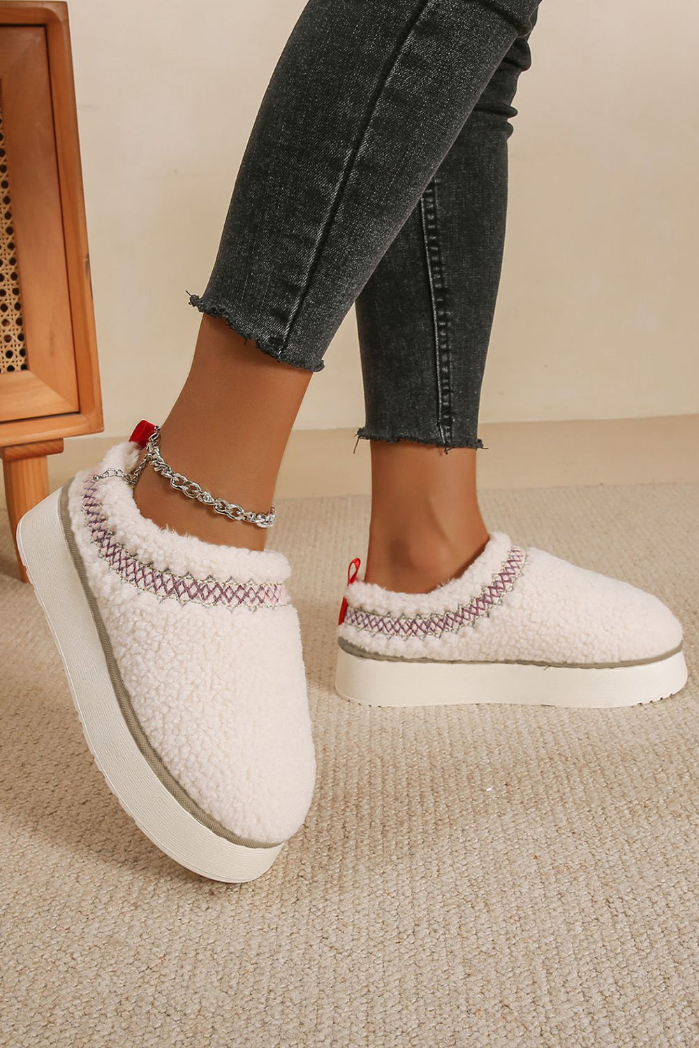 White Embroidered Sherpa Plush Thick Sole Winter Slippers