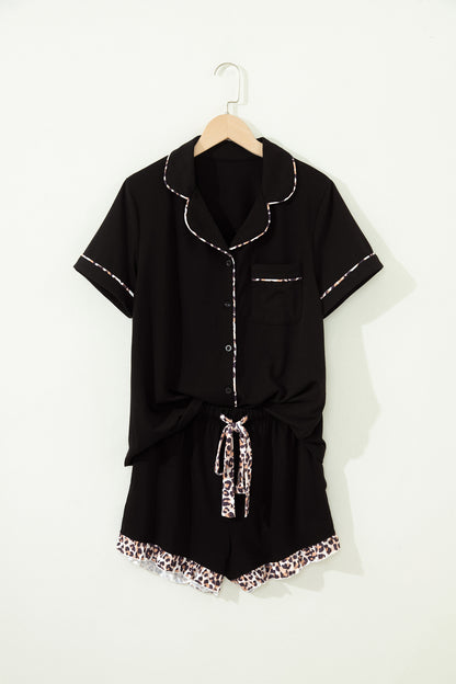 Black Leopard Patchwork Trim Lapel Shirt Drawstring Shorts 2pcs Pajama Set