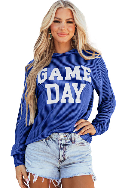 Bluing Corded GAME DAY Graphic Long Sleeve Crewneck Top