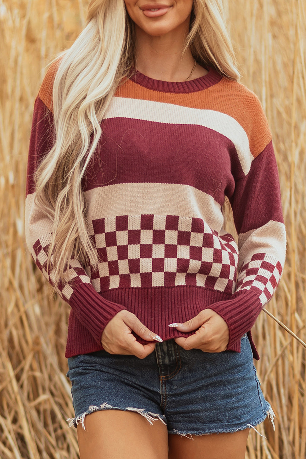 Brown Checkered Color Block Knitted Drop Shoulder Sweater