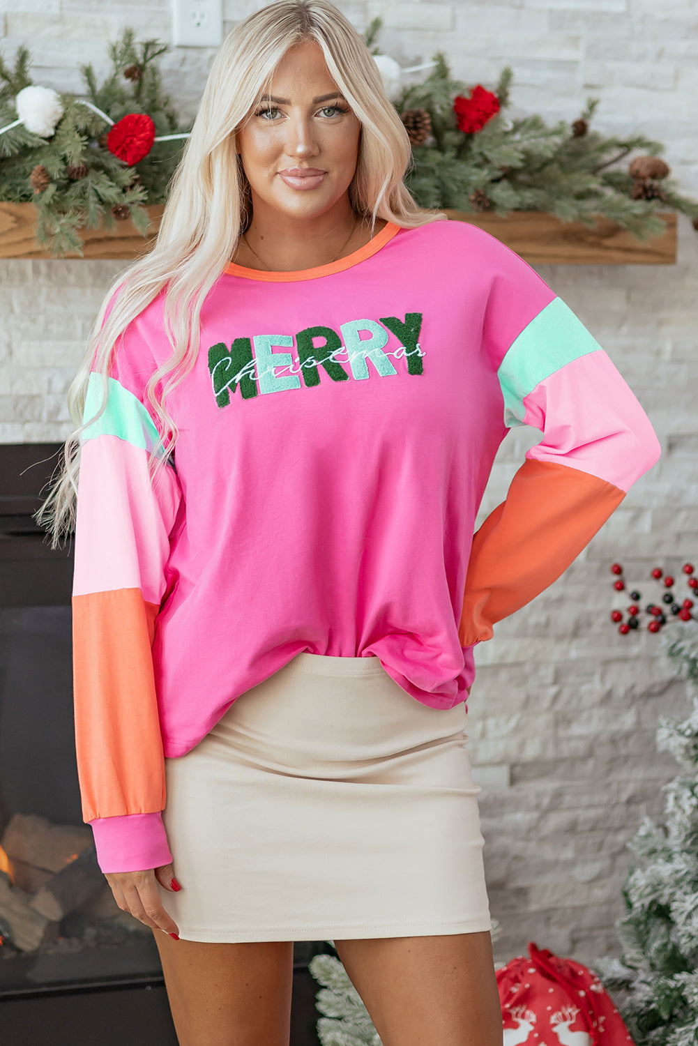 Rose Red Chenille MERRY Christmas Patched Colorblock Long Sleeve Top
