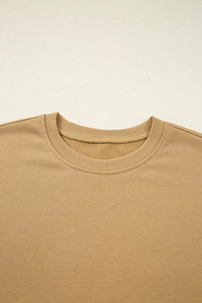 Camel Floral Striped Patchwork Ruffled Sleeve Crew Neck Sweatshirt