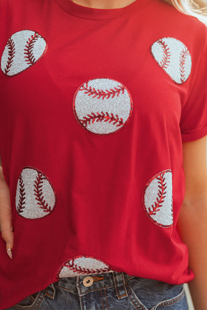 Red Glittering baseball  Pattern Crew Neck Game Day T Shirt