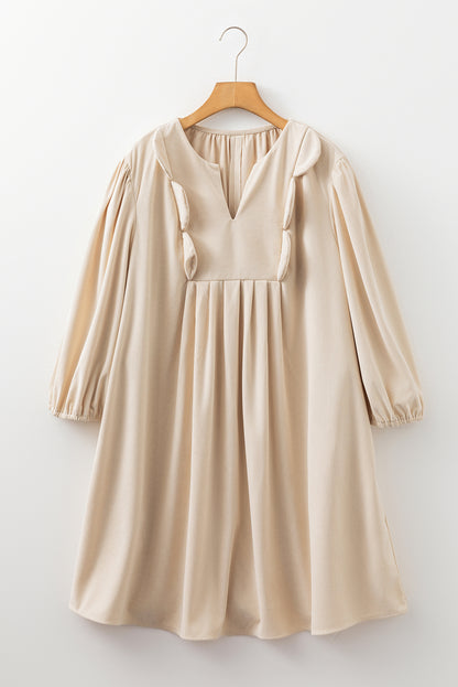 Parchment Notched Neck Scallop Detail Plus Size Mini Dress