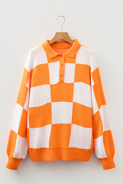 Grapefruit Orange Checkered Pattern Polo Collar Loose Sweater