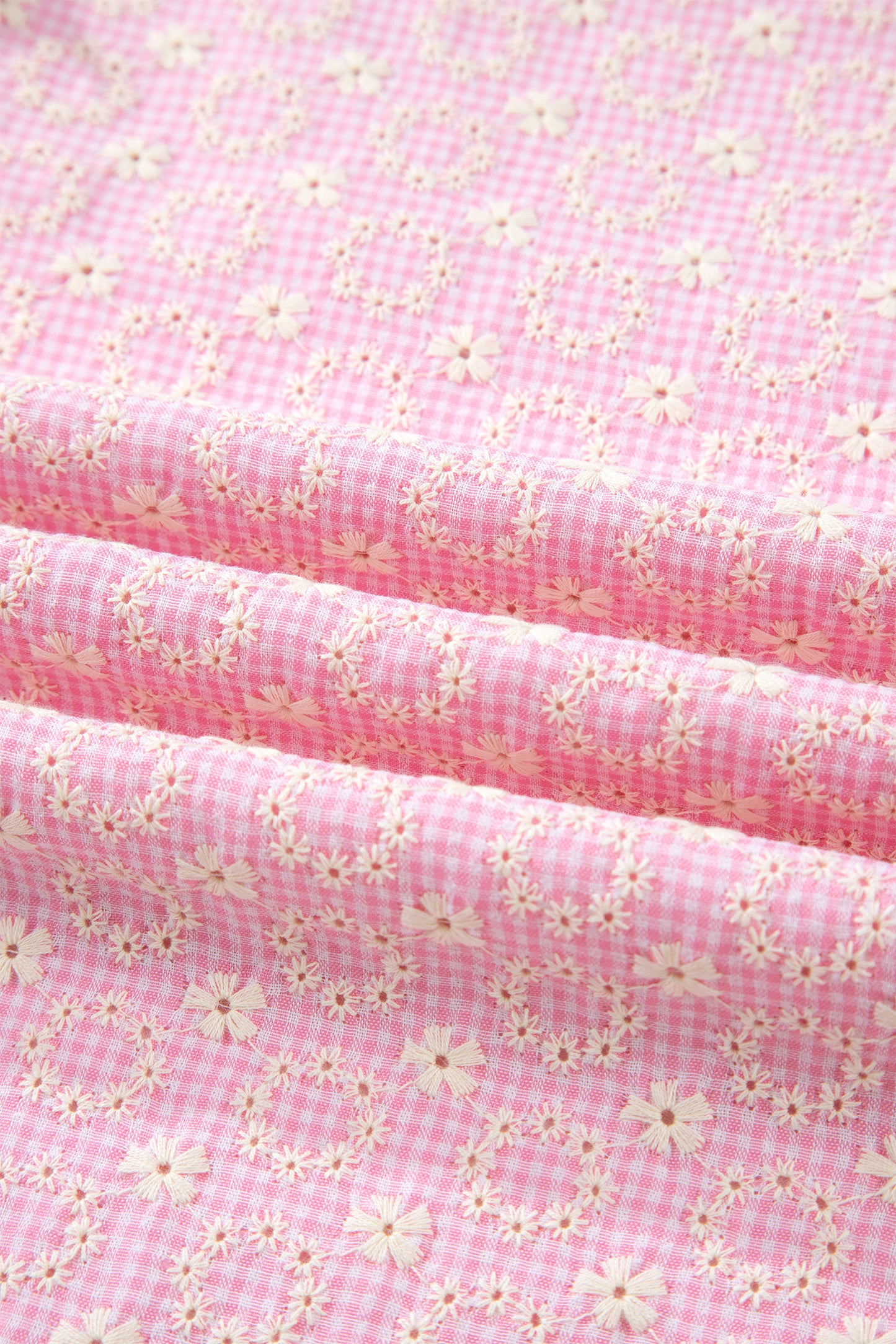 Pink Eyelet Embroidered Flower Texture Contrast Lace Trim Flutter Sleeve Blouse
