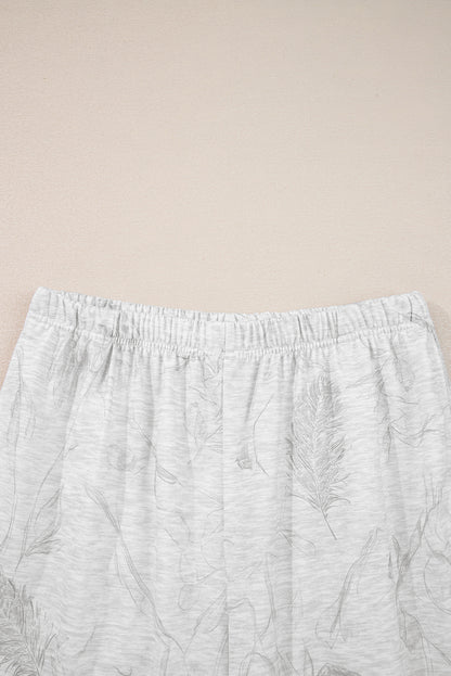 Light Grey Abstract Print Loose Drop Sleeve Hoodie Elastic Waistband 2pcs Pant Set