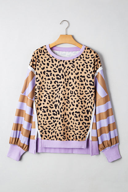 Purple Stripe Color Block Patchwork Leopard Casual Sweatshirt with Slits
