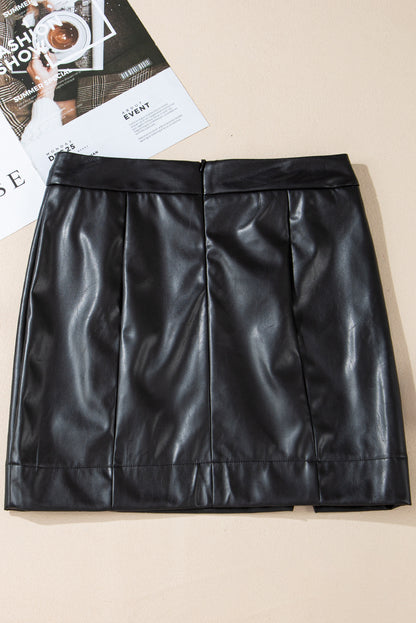 Black Leather Side Slits Slim Fit High Waist Mini Skirt