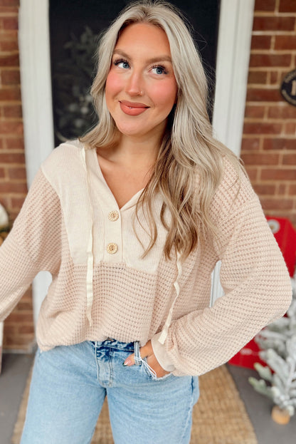 Oatmeal Waffle Patchwork Drop Shoulder Hooded Long Sleeve Top
