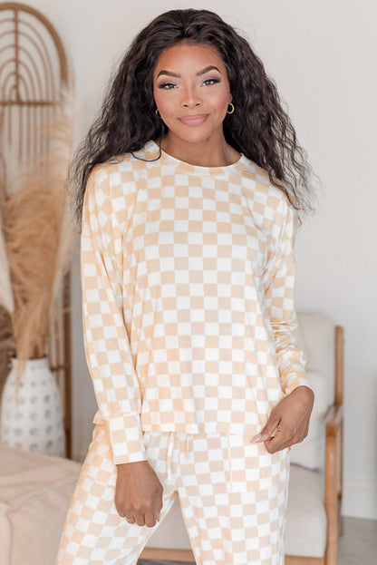 Beige Checkered Print Long Sleeve Top and Pants Lounge/Pajama Set