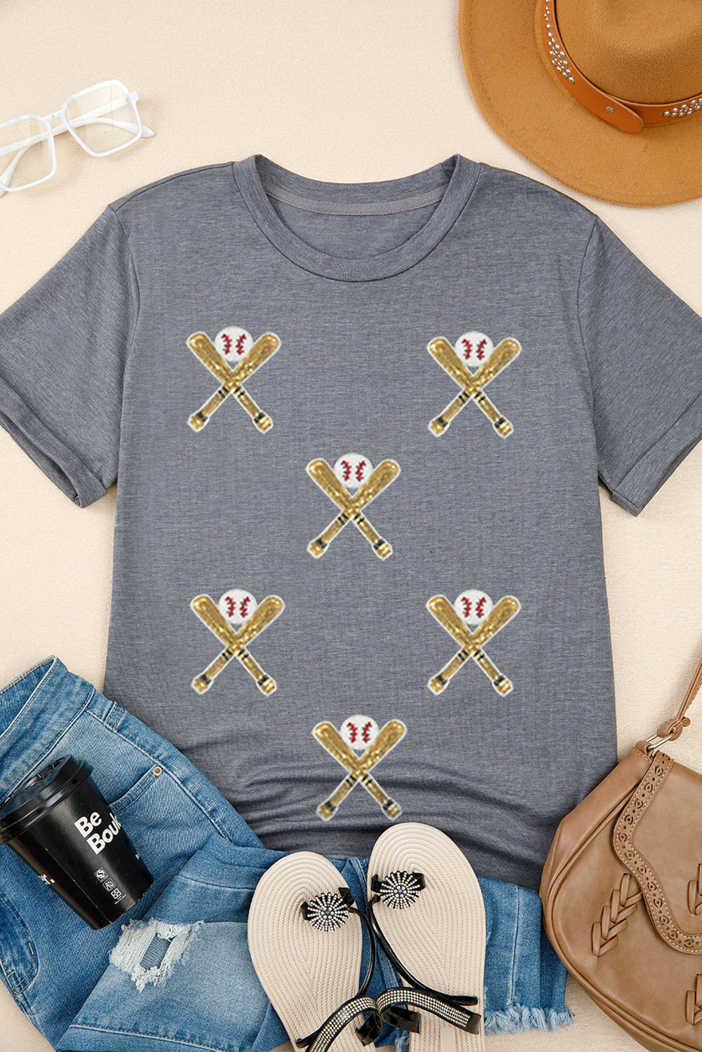 Gray Sequined Baseball Game Day Tee