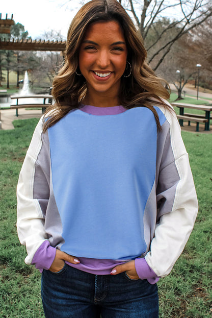 Blue Exposed Seam Colorblock Patchwork Ribbed Trim Pullover Sweatshirt