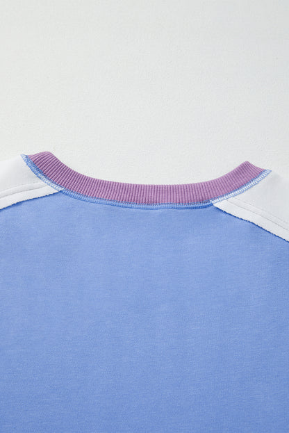 Blue Exposed Seam Colorblock Patchwork Ribbed Trim Pullover Sweatshirt