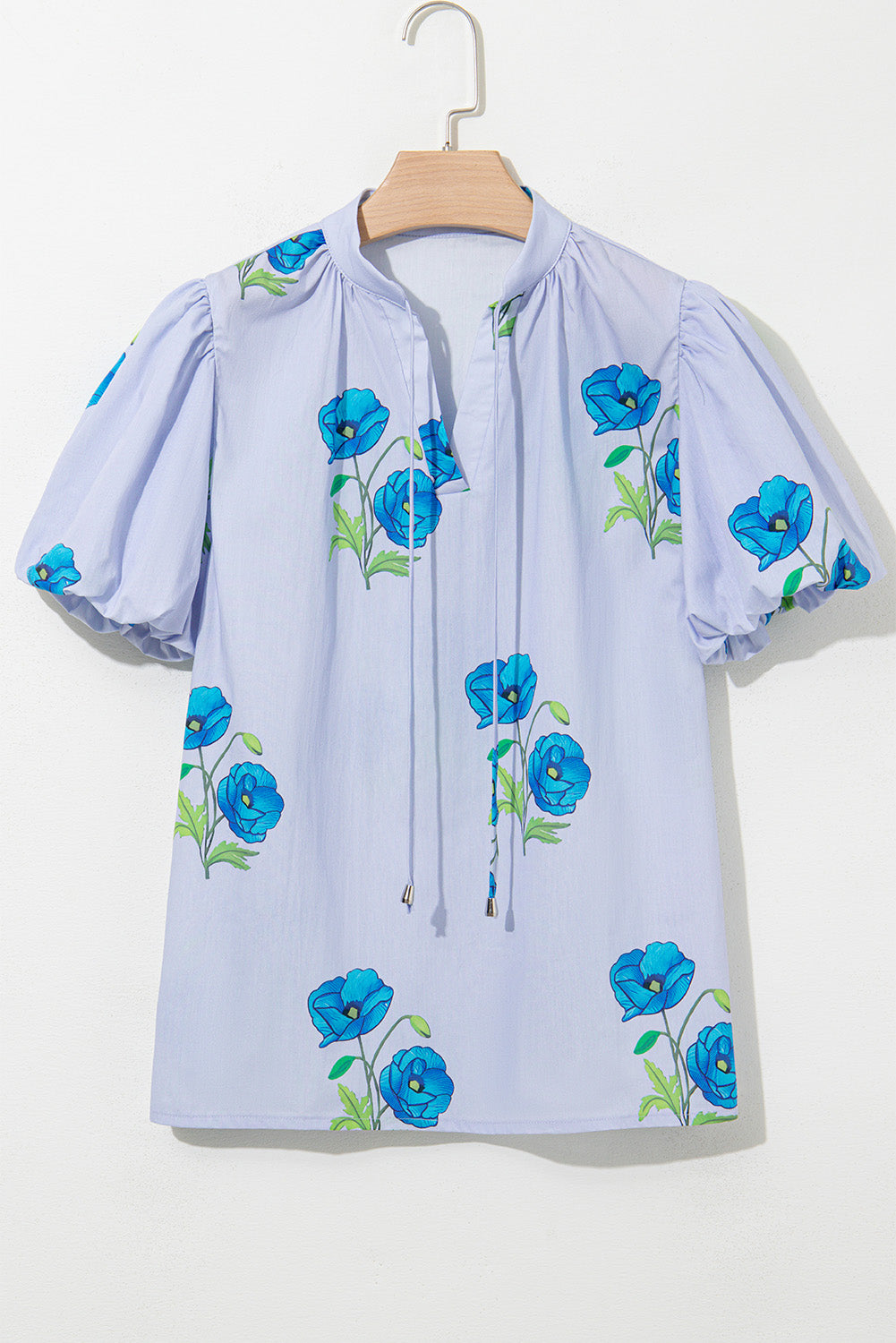 Sky Blue Floral Print Tie Split Neck Short Puff Sleeve Blouse