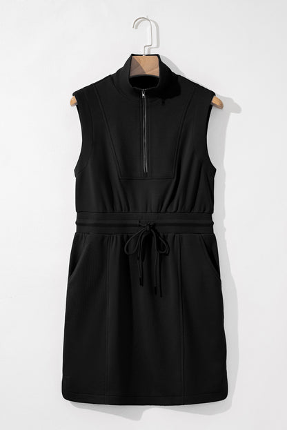 Black French Terry Zipped Collar Sleeveless Drawstring Waist Mini Dress