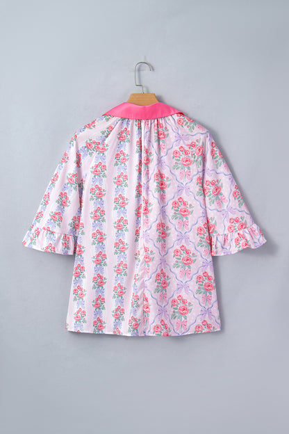 Purple Floral Collared Ruffled Half Sleeve Shirt