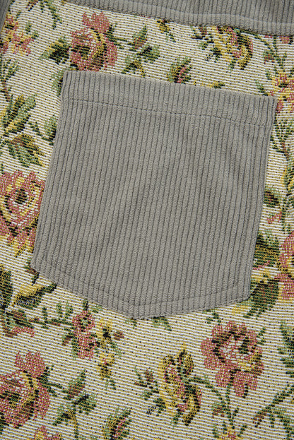 Medium Grey Ribbed Retro Floral Patchwork Shirt Style Jacket