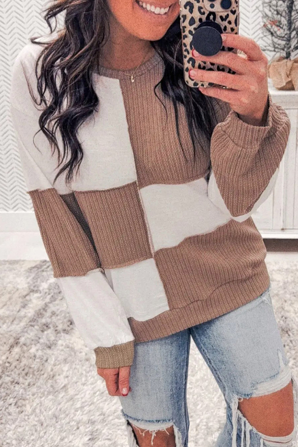 Dark Khaki Colorblock Checkered Raw Seamed Round Neck Knitted Jumper