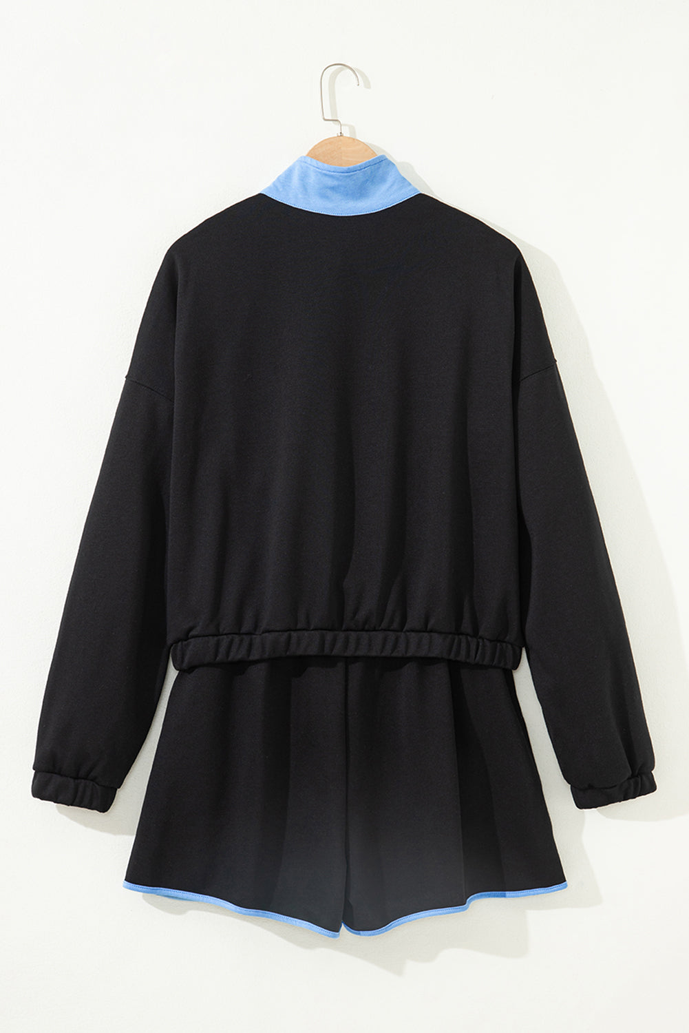 Black Color Block Patchwork Half Button Pullover and Shorts 2pcs Outfit