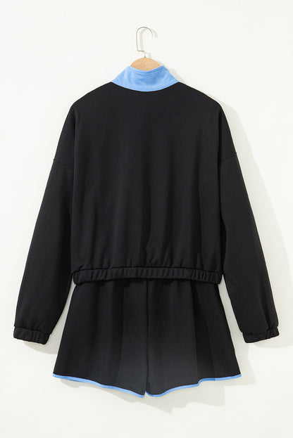 Black Color Block Patchwork Half Button Pullover and Shorts 2pcs Outfit